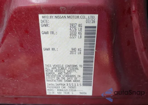 2016 Nissan Altima 2.5/2.5 S/2.5 Sl/2.5 Sr/2.5 Sv из США, поврежденный, VIN 1N4AL3AP9GN355115